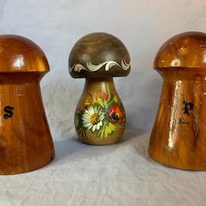 Vintage Wooden Mushroom Trio Hand Painted Nutcracker Cedar Salt and Pepper Shakers