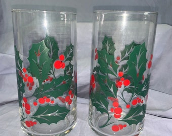 2 Christmas Holly Berry Indiana Glass Bartlett -Collins Holiday Glassware  14 oz  Tumblers