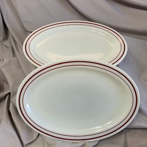 Pyrex Tableware by Corning 2 Oval Diner Style Plates Platters with Burgundy Maroon Stripe 12 1/2 X 9