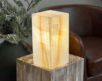 Hand-Carved Beige Onyx Accent Lamp | 12” Natural Stone Glow Light