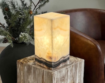 Black Onyx Stone Lamp - Patterned Natural Stone, 12 Inch