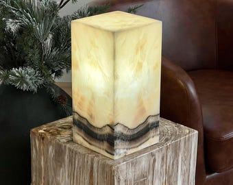 Black Onyx Stone Lamp - Patterned Natural Stone, 12 Inch