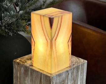 Natural Mexican Onyx Lamp – 12” Handmade Stone Accent Light with Pink Banding