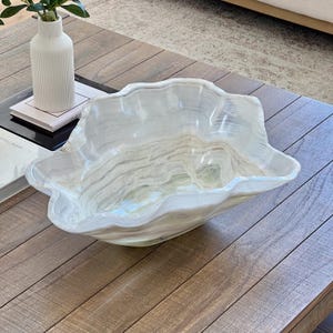 Wavy White and Green Onyx Decorative Bowl – Hand-Carved Organic Crystal Centerpiece (23”)
