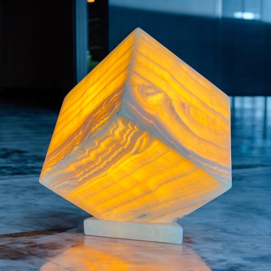 Fresh Look at Yellow Banded Onyx Cube Lamp Natural Stone Home Decor