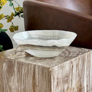 Hand-Carved White and Gray Onyx Bowl | 9.5&quot; Natural Stone Centerpiece | Organic Modern Decor | Crystal Altar Bowl | Boho Home Accent