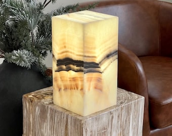 Black Onyx Stone Lamp - Patterned Natural Stone, 12 Inch