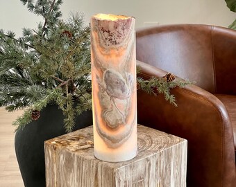 Hand-Carved Mexican Onyx Cylinder Lamp – Natural Stone Glow Light