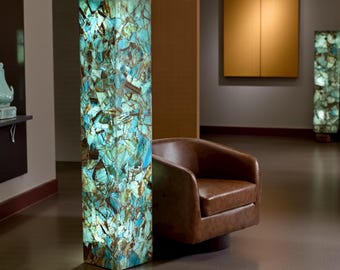 Rare Blue Onyx Tower Lamp: 51" Lighted Gemstone Sculpture