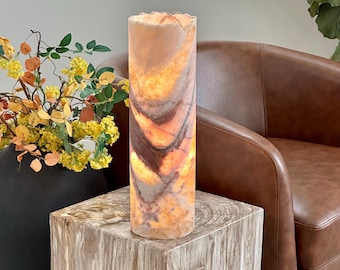 Rare Beige & Pink Banded Patterned Onyx Lamp - Natural Stone -  Rare  Banding - 16 Inches Tall