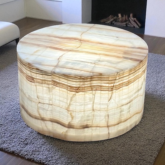 Beige Banded Onyx Coffee Table – Luxury Geometric Stone Centerpiece | Modern Hand-Carved Illuminated Onyx Furniture