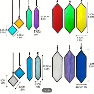 May include: Set of 10 stained glass suncatchers in various colors and shapes, including diamond, rectangle, and hexagon. The suncatchers are approximately 1.3 inches, 2.5 inches, and 4.8 inches in size.  2 Color