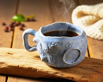 Taza de cerámica azul con textura de luna, hecha a mano, cerámica con esmalte de cráter orgánico, gres hecho a mano.