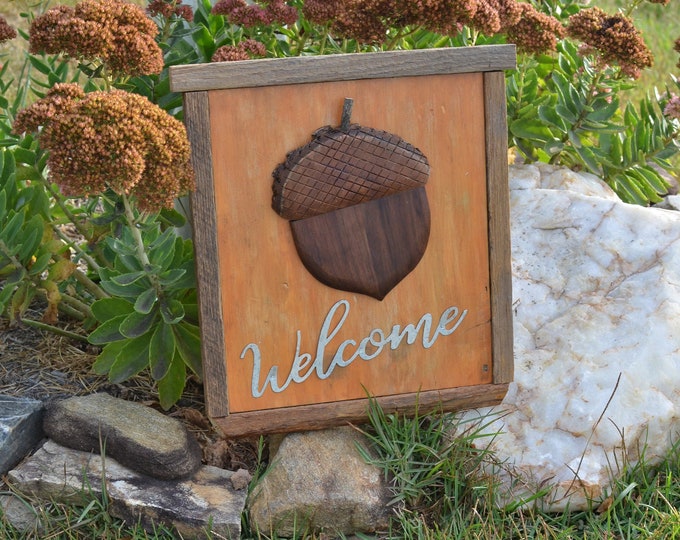 Acorn Autumn Welcome Sign Hand Carved Acorn - Etsy