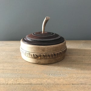 Circular wood box with lid antler/copper and wood burning feather details