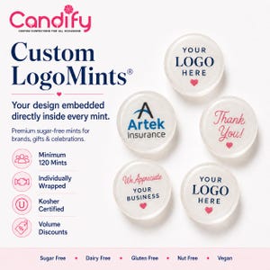 May include: Five round, clear, sugar-free mints featuring custom printed text and logos in blue and pink, including 'YOUR LOGO HERE', 'Artek Insurance', 'Thank You!', and 'We Appreciate YOUR BUSINESS', each accented with a small pink heart.