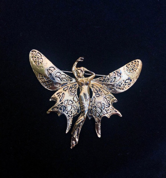 Gold Tone Butterfly Fairy Art Nouveau Brooch Mucha