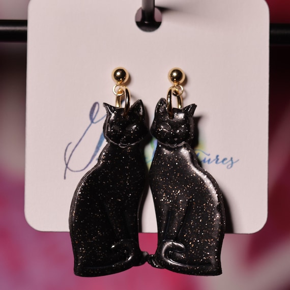 Galactic Black Cat Halloween Lightweight Polymer Clay Dangle Earrings, Witchy Earrings, Gift for Her, Halloween earrings, Glow in the Dark