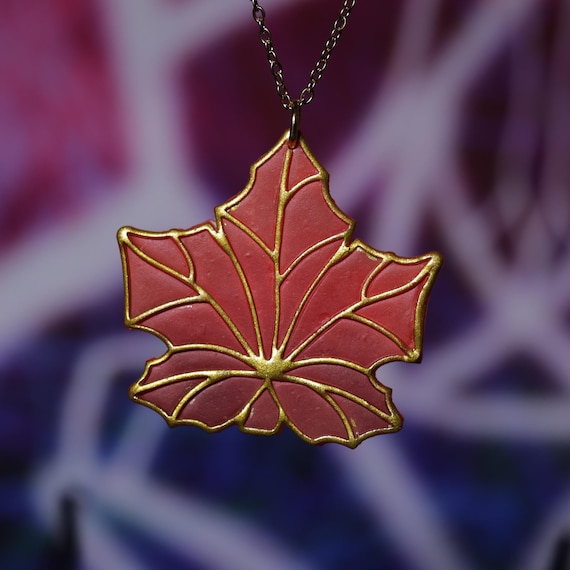 Red Autumn Maple Leaf Stained Glass Imitation Pendant, Polymer Clay Lightweight Pendant, Gift for Her, Abstract Pendant, Nature Pendant