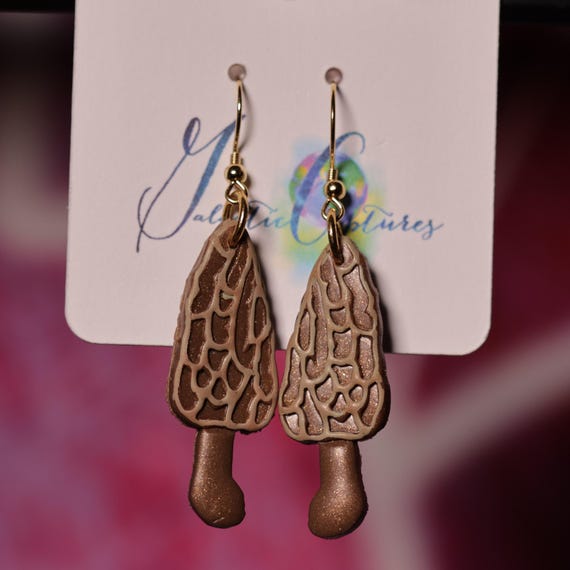 Morel Mushroom Stainless Steel Hook Polymer Clay Earrings, Gift for Her, Spring Earrings, Summer Earrings, Nature Earrings