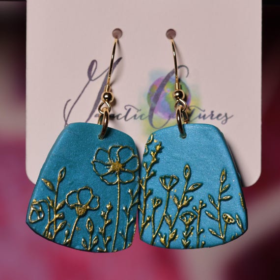 Teal and Gold Wildflower Stainless Steel Dangle Polymer Clay Earrings, Gift for Her, Spring Earrings, Summer Earrings, Nature Earrings