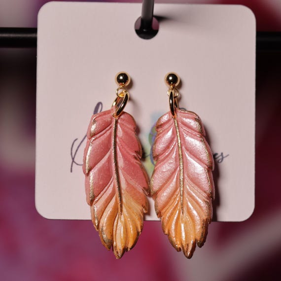 Summer Sunset Gradient Feather Stainless Steel Post Polymer Clay Earrings, Gift for Her, Multi-color Earrings, Lightweight Dangle Earrings
