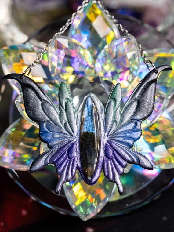 Labradorite Fairy Wing Pendant, Polymerclay Lightweight Pendant, Abstract Pendant, Handmade Multi Color Crystal Pendant, Crystal Pendant