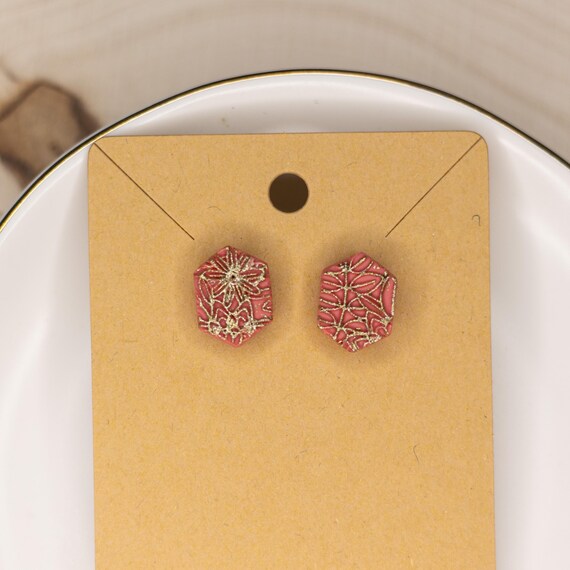 Dainty Rose Gold & Coral Geometric Stainless Steel Post Polymer Clay Earrings, Summer Earrings, Nature Earrings, Stud Earrings, Gift for Mom