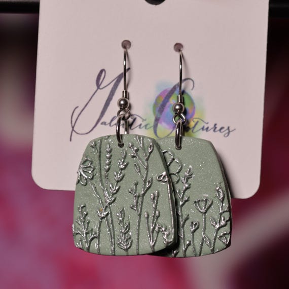 Sage Green & Silver Wildflower Stainless Steel Dangle Polymer Clay Earrings, Gift for Her, Spring Earrings, Summer Earrings, Nature Earrings