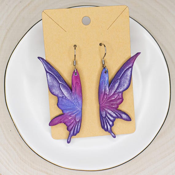 Fantasy Sparkle Fairy Wing Stainless Steel Hook Polymer Clay Earrings, Gift for Her, Spring Earrings, Purple and Pink earrings
