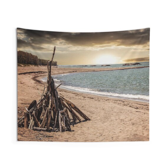 Lake Erie Presque Isle Beach Wooden Tipi Sunset Indoor Wall Tapestries, Wall Decor, Home Decor, Wall Hanging