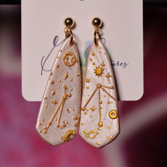 Golden Constellation Stainless Steel Teardrop Hook Polymer Clay Earrings, Gift for Her, Celestial Earrings, Constellation Earrings