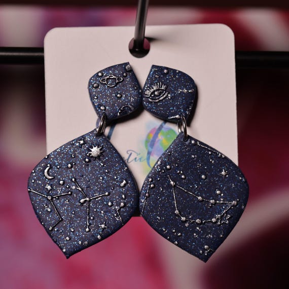 Galactic Captures Night Sky Constellation Sparkle Drop Stainless Steel Post Polymer Clay Earrings, Gift for Her, Celestial Earrings