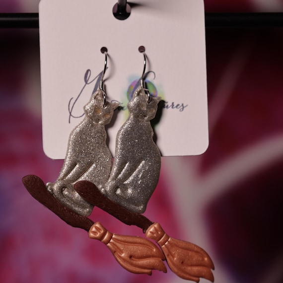 Flying Broomstick Glitter Kitty Halloween Lightweight Polymer Clay Earrings, Witchy Earrings, Halloween Earrings, Glow in the Dark