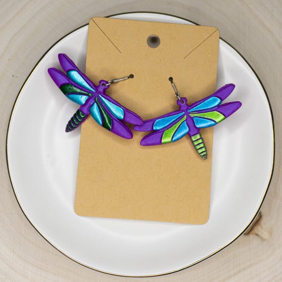 Metallic Dragonfly Stainless Steel Hook Polymer Clay Earrings, Gift for Her, Spring Earrings, Cool color earrings, Animal Earrings