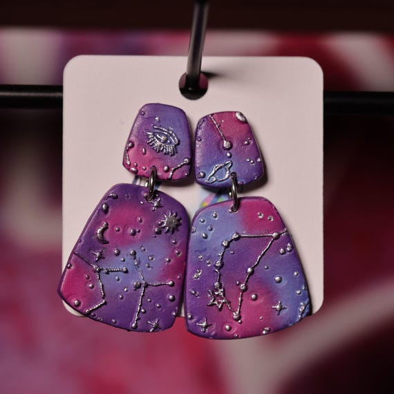 Galactic Captures Constellation Stainless Steel Post Polymer Clay Earrings, Gift for Her, Space Earrings, Purple & Pink Geometric earrings