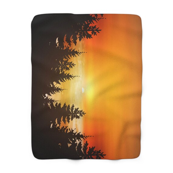 Forest by the Frozen Lake Winter Sunset Sherpa Fleece Blanket