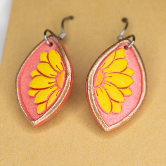 Summer Sunflower Rose Gold Stainless Steel Hook Polymer Clay Earrings, Gift for Her, Spring Earrings, Summer Earrings, Nature Earrings
