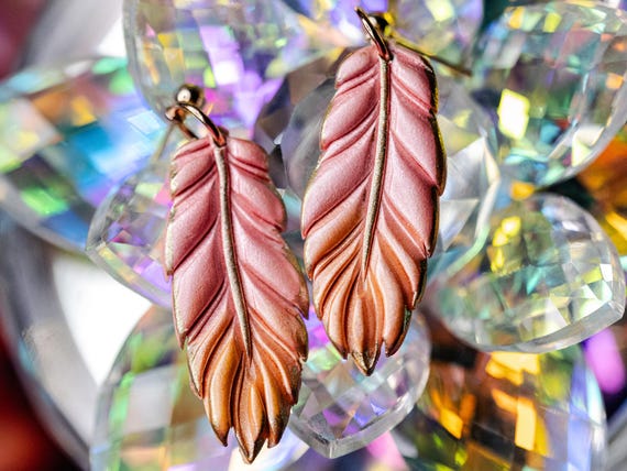 Summer Sunset Gradient Feather Stainless Steel Post Polymer Clay Earrings, Gift for Her, Multi-color Earrings, Lightweight Dangle Earrings