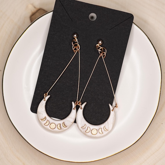 White and  Rose Gold Moon Phase Stainless Steel Dangle Polymer Clay Earrings, Celestial Earrings, Witchy Earrings, Lightweight Earrings