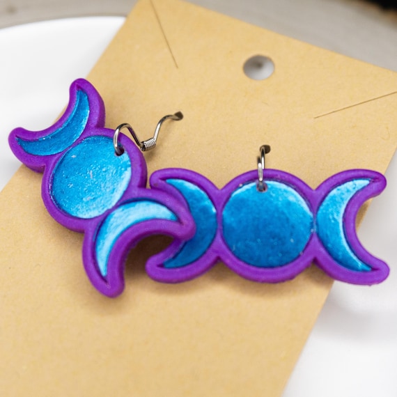 Metallic Blue Triple Moon Stainless Steel Hook Polymer Clay Earrings, Celestial Earrings, Witchy Earrings, Lightweight Earrings