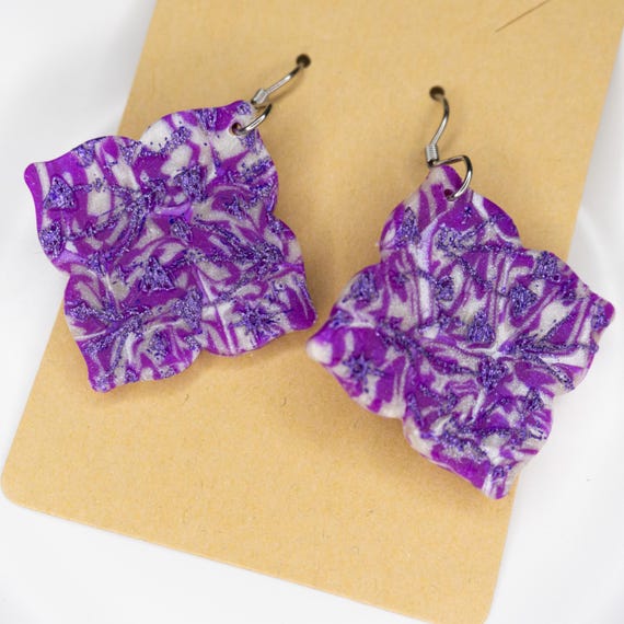 Purple Marbled Magick Mushies Stainless Steel Hook Polymer Clay Earrings, Gift for Her, Spring Earrings, Summer Earrings, Nature Earrings