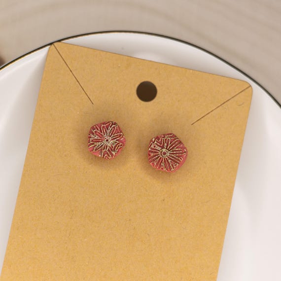 Dainty Rose Gold & Coral Geometric Stainless Steel Post Polymer Clay Earrings, Summer Earrings, Nature Earrings, Stud Earrings, Gift for Mom