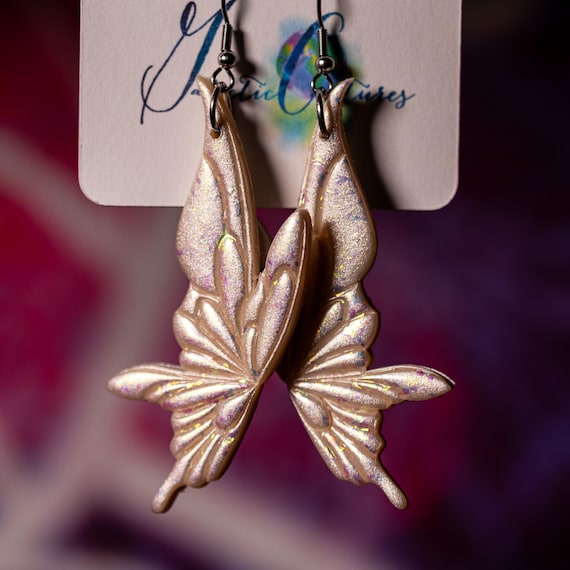 Fantasy Sparkle Fairy Wing Stainless Steel Hook Polymer Clay Earrings, Gift for Her, Spring Earrings, Sparkling Pearl earrings