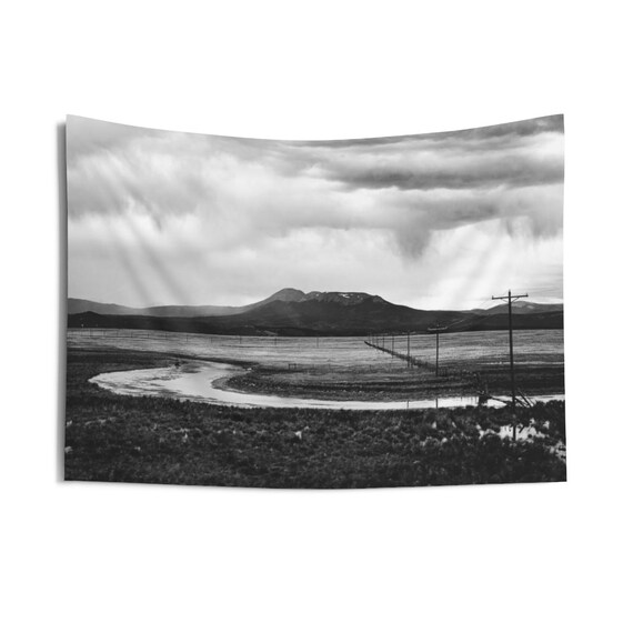 Black and White Rocky Mountain River Indoor Wall Tapestries, Wall Decor, Home Decor, Wall Hanging