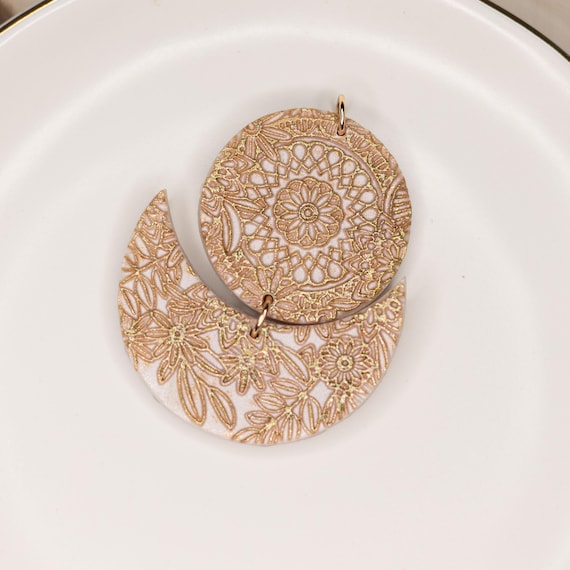 Moon Phase Pendant, Polymerclay Lightweight Pendant, Gift for Her, Celestial Pendant, Abstract Pendant, Rose Gold and Pearl White Pendant
