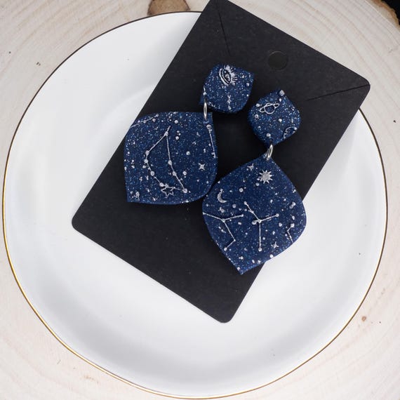 Galactic Captures Night Sky Constellation Sparkle Drop Stainless Steel Post Polymer Clay Earrings, Gift for Her, Celestial Earrings