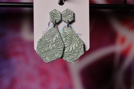 Sage Green & Silver Vintage Floral Stainless Steel Post Polymer Clay Earrings, Gift for Her,  Summer Earrings, Nature Earrings