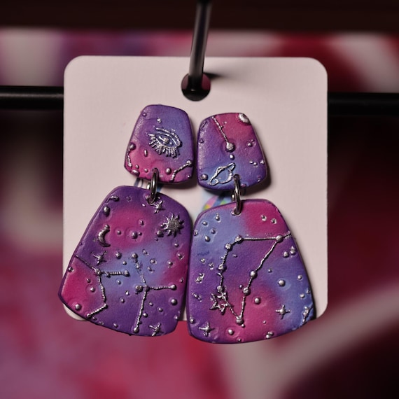 Galactic Captures Constellation Stainless Steel Post Polymer Clay Earrings, Gift for Her, Space Earrings, Purple & Pink Geometric earrings