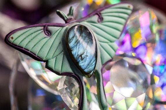 Labradorite Luna Moth Pendant, Polymerclay Lightweight Pendant, Abstract Pendant, Handmade Multi Color Crystal Pendant, Crystal Pendant